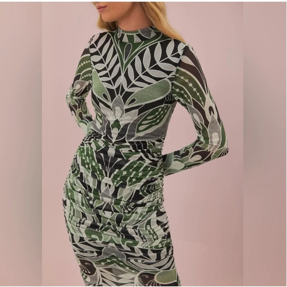 Farm Rio Green Lace Nature Tulle Botanical Geometric Mock Neck Midi Dress | M - Picture 11 of 11